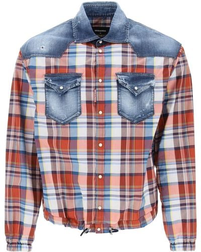 DSquared² Plaid Western Shirt With Denim Inserts - Blue