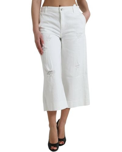 Dolce & Gabbana White Cotton Cropped Wide Leg Denim Jeans - Grey