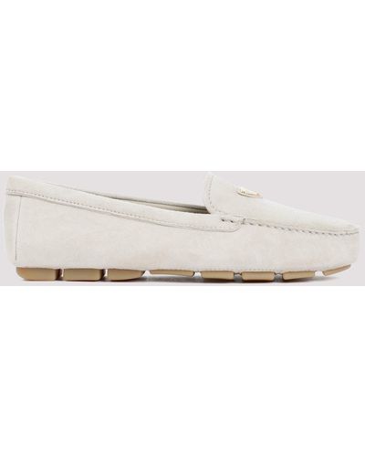 Prada Light Grey Suede Goat Leather Loafers - White