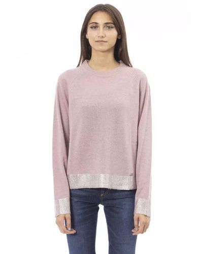 Baldinini Ribbed Crew Neck Sweater With Long Sleeves And Metal Monogram Detail - Purple