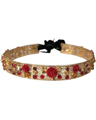 Dolce & Gabbana Brass Roses Crystal Jewel Waist Belt - Brown
