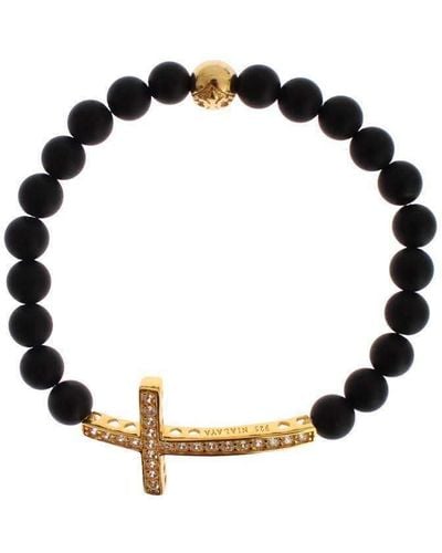 Nialaya Matte Onyx Stone Gold Cz Cross 925 Silver Bracelet - Black
