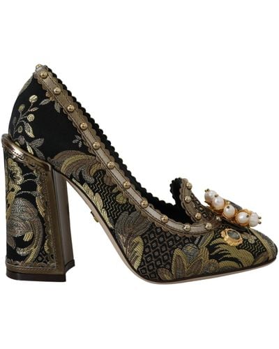Dolce & Gabbana Crystal Square Toe Brocade Pumps Shoes - Metallic