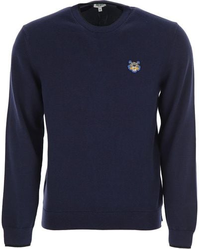 KENZO Cotton Crewneck Sweater With Tiger Logo - Blue