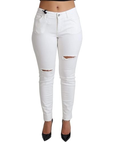 Dolce & Gabbana Tattered Skinny Denim Cotton Stretch Jeans - White