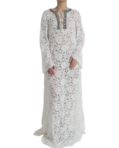 Dolce & Gabbana White Lace Crystal Embellished Shift Dress - Grey