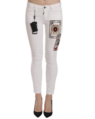 Dolce & Gabbana Dolce Gabbana Queen Of Hearts Crystal Skinny Jeans - White