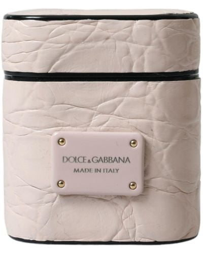 Dolce & Gabbana Light Pink Calf Leather Metal Logo Plaque Airpods Case - Grey