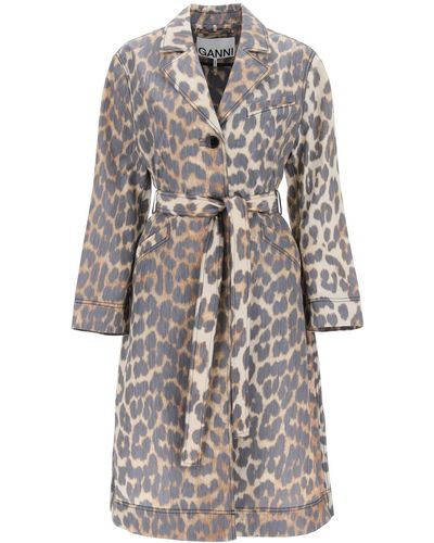 Ganni Trench Coat In Leopard Faille - Natural