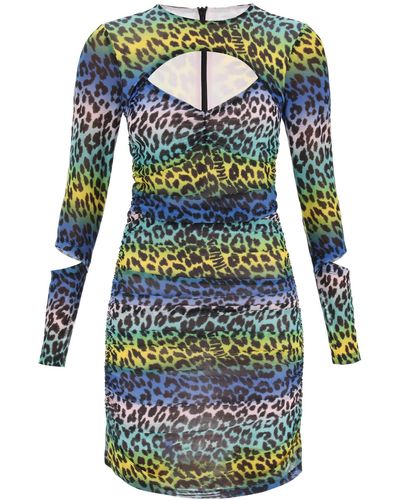 Ganni Multicolored Leopard Print Mesh Minidress - Blue