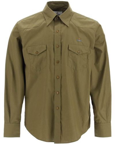 Vivienne Westwood Poplin Shirt With Chest Pockets And Orb Embroidery - Green