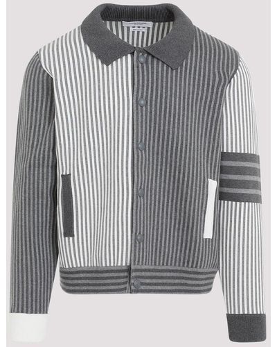 Thom Browne Tonal Grey Polo Collar Cotton Bomber Jacket