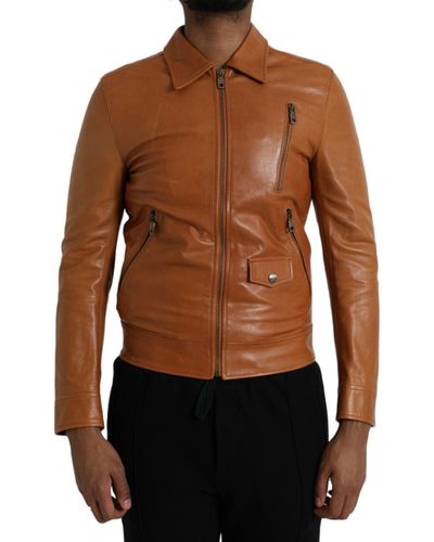 Dolce & Gabbana Lamb Leather Full Zip Blouson Jacket - Brown