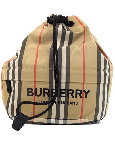 Burberry Phoebe Heritage Stripe Beige Eco Nylon Drawstring Bucket Bag - Natural