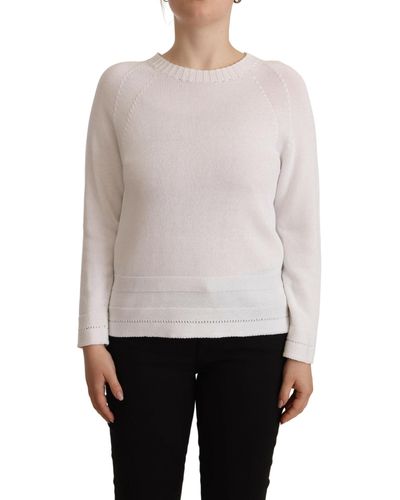 Alpha Studio White Long Sleeves Crewneck Pullover Sweater