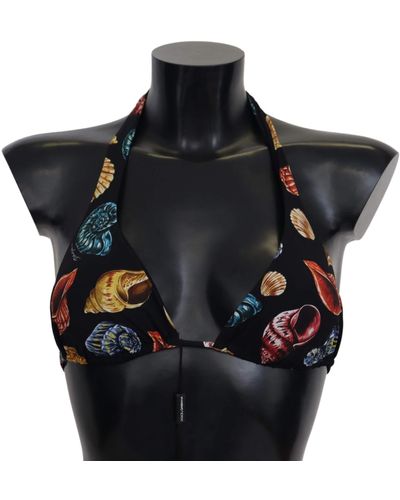 Dolce & Gabbana Seashells Print Halter Swimwear Bikini Tops - Black