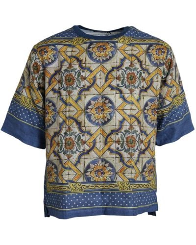 Dolce & Gabbana Majolica Linen Short Sleeve T-Shirt - Blue