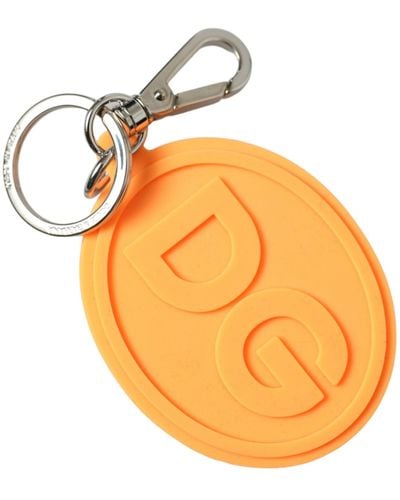 Dolce & Gabbana Orange Rubber Dg Logo Silver Brass Metal Keyring Keychain
