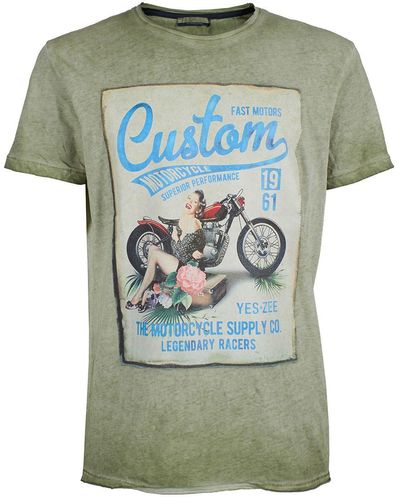 Yes-Zee Emerald Crew Neck Cotton Tee With Unique Front Print - Green
