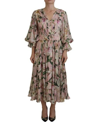 Dolce & Gabbana Lily Print Ruffle Belted Waist Midi Dress - Pink