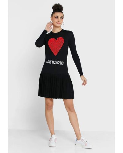 Love Moschino Heart Embossed Knit Dress With Pleated Skirt - Black