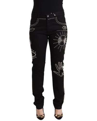 Valentino Cotton Mid Waist Embellished Slim Fit Jeans - Black