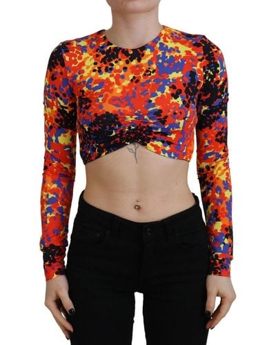 DSquared² Multicolor Cami Long Sleeves Cropped Blouse Top - Red