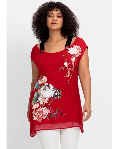 Sheego Longshirt mit Trägern und Blumendruck - Rot