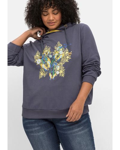 Sheego Kapuzensweatshirt mit floralem Frontdruck - Blau