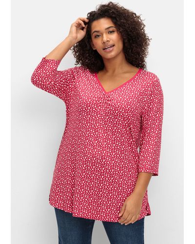 Sheego 3/4-Arm-Shirt mit Blumendruck und V-Ausschnitt - Pink