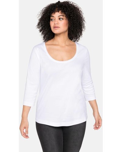 Sheego Shirt mit 3/4-Arm und weitem Rundhalsausschnitt - Weiß