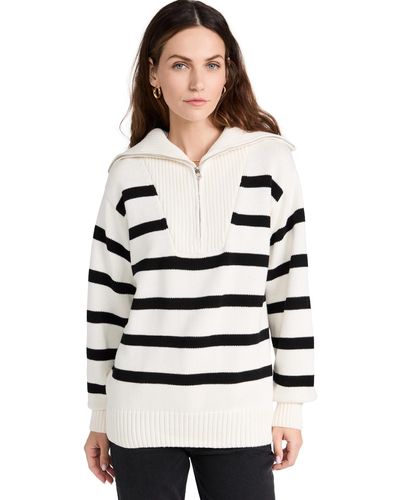 English Factory Striped Knit Zip Pullover - White