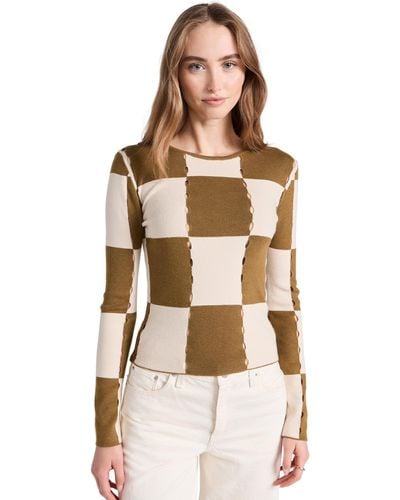Moon River Checkerboard Sweater Top Oive - Natural