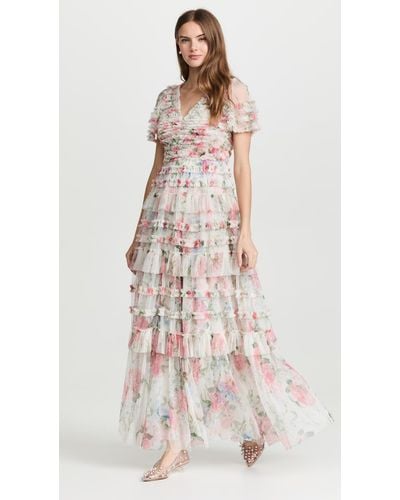 Needle & Thread Sweet Posy V Neck Ruffle Gown - Multicolor