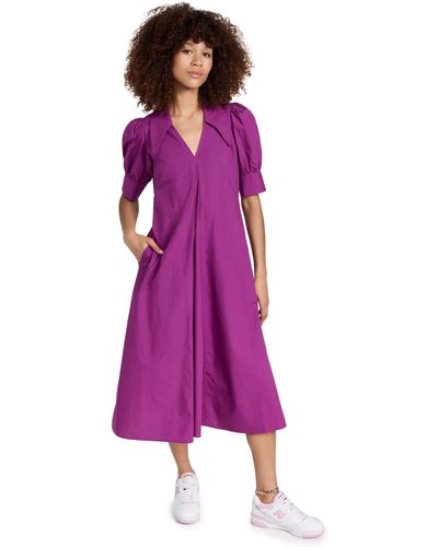Ganni Cotton Poplin V Neck Dress - Purple