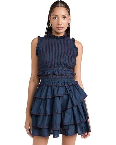 Sea Mable Cambric Sleevless Pleated Dress - Blue