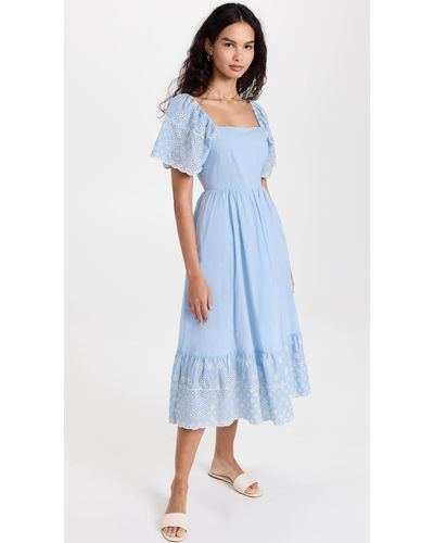 English Factory Embroidered Midi Dress With Scalloped Hem - Blue
