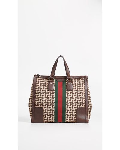 What Goes Around Comes Around Gucci Houndstooth 70s Web Tote - Brown