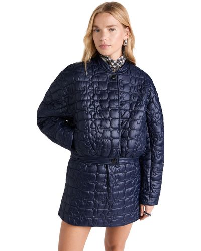 Ganni Long Sleeve Shiny Quilt Curved Sleeve Jacket in Blue | Lyst