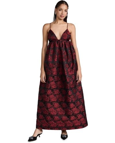 Ganni Botanical Jacquard Long Strap Dress - Red