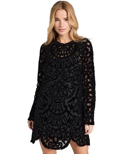 Sea Dana Embroidery Velvet Long Sleeve Dress - Black