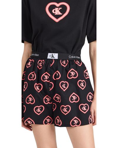 Calvin Klein 1996 Woven Cotton Traditional Boxer Neon Heart Repeat+poppy Red - Black