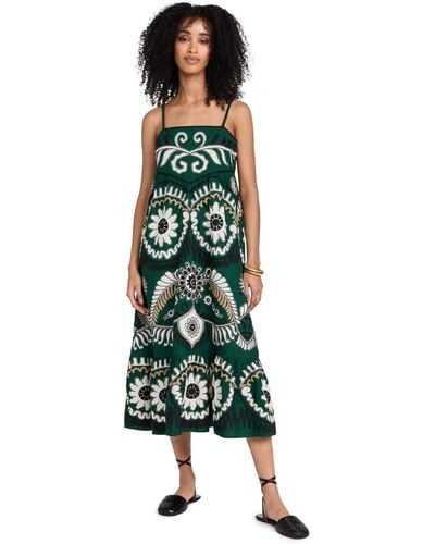 Sea Charough Print Seeveess Embroidered Dress - Green