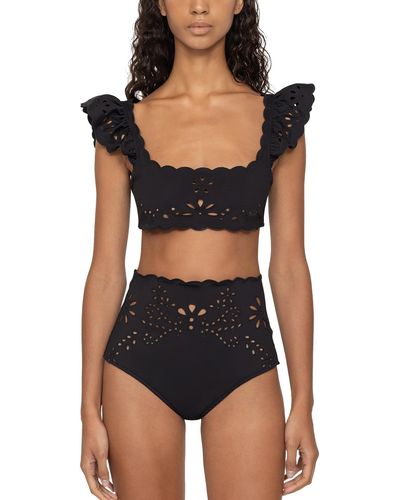 Sea Liat Embroidery Flutter Sleeve Bikini Top - Black