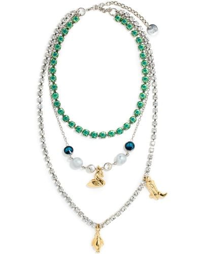 Marni Metal Strass Chain Necklace With Charm - Green