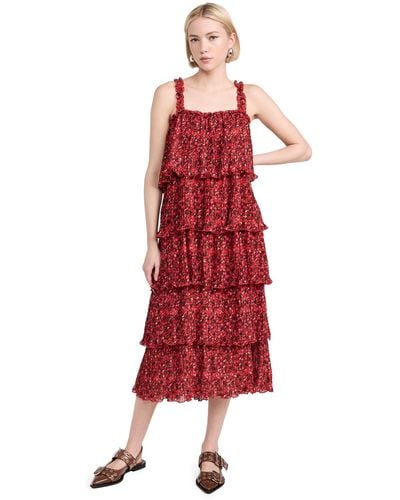 Ganni Pleated Georgette Flounce Strap Midi Dress - Red