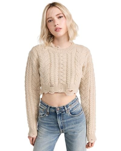 R13 Distressed Cropped Cabe Sweater Oatmea - Blue