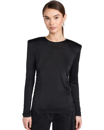 Tibi Micro Jersey Shoulderpad Fitted Crewneck Top - Black