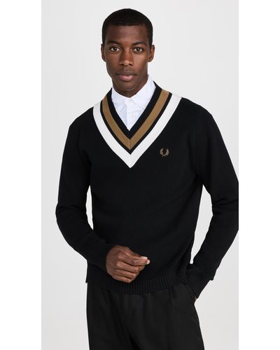 Fred Perry Striped V Neck Sweater - Black