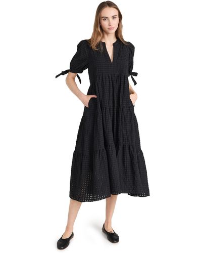 English Factory Gingha Tiered Idi Dress With Bow Tie Sleeves - Black